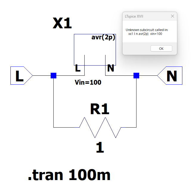 LTspiceで等価回路モデルを作りたいと思っています。 やり方は下記で作成しています。 ①回路ファイル ○○.asc を作成 ②回路記号ファイル ○○.asy を作成 （○○は共通の名前） 回路ファイルの方はノードをいくつかつけて、部品コンポーネントを組み合わせた複合体を作っています。 回路記号ファイルの方は、PINのラベルを回路ファイルのノード名と同じにして、 Edit Attributesのエディタは"SpiceLine"にパラメータを指定しました（Vin=100） Attribute windowのエディタは"InstName", "Type", "SpiceLine"を配置しています。 そして①と②を標準ライブラリ(C:\Users\Documents\LTspiceXVII\lib\sym)に保存しています。 以上の準備を行った上で、適当なテスト用シミュレーションファイルで等価回路モデルを使って簡単な回路を作り、RUNしているのですが、"Unknown subcircuit called in"のエラーが出てしまいます。 何か直す方法をご存じの方おられませんでしょうか。よろしくお願いいたします。