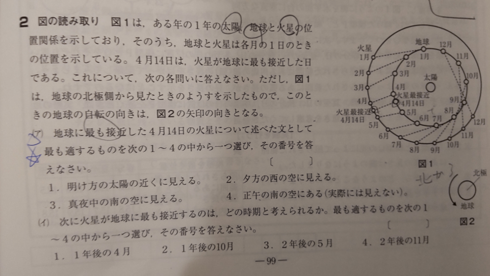 中３天体について質問です。 （ア）で答えは3番なのは理解出来ました。解説に、選択肢に「夕方の東の空にみえる」や「明け方の西の空に見える」があればそれも正解と書いてあるのですが理由が分かりません教えてくださいm(_ _)mm(_ _)m