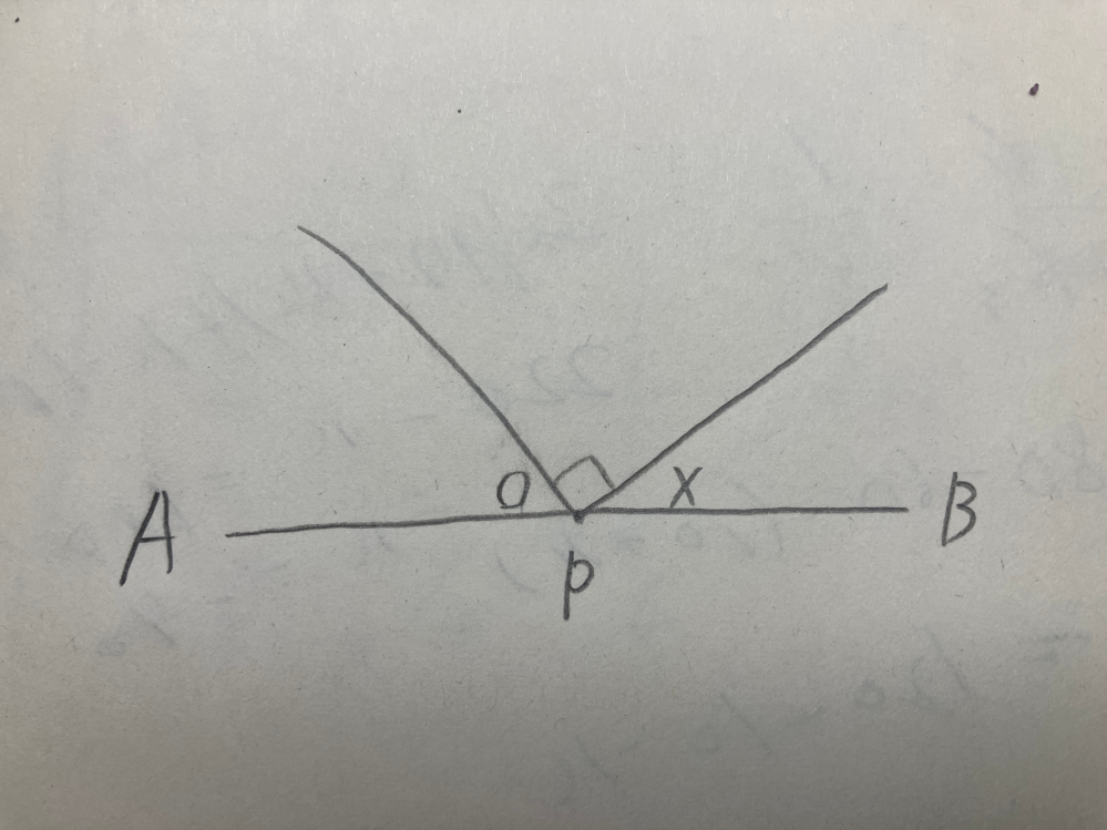 数学の証明について質問です。 図のようなとき⚪︎＋×＝90°を示す際、どのように書けばいいのでしょうか？また、 ∠APB=180°より⚪︎＋×＋90°＝180° よって⚪︎＋×＝90° というのは間違ってますか？