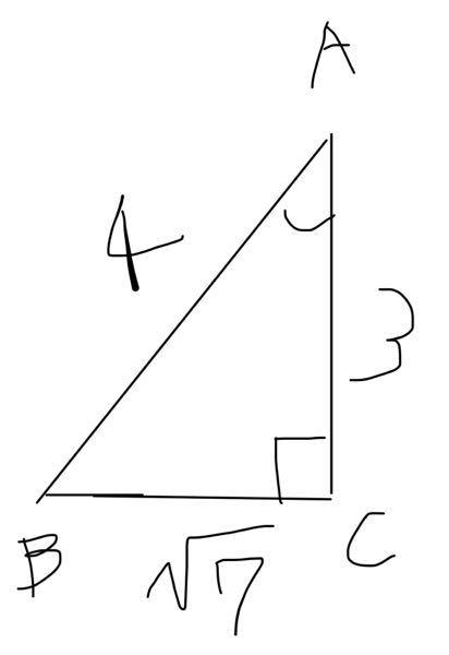 三角比についての質問です！！調べたのですがやり方が出てこなくて、、どうしても分からないので質問させていただきます！！ 普通は角が1番右下にあるのですがなんかこの問題は上にあってやり方が分かりません！！ちなみに答えは出ていて以下の通りでした。 sin 4分の√7 cos 4分の3 tan 3分の√7でした。 なぜこうなるのでしょうか！！ 誰か教えていただきたいです！！