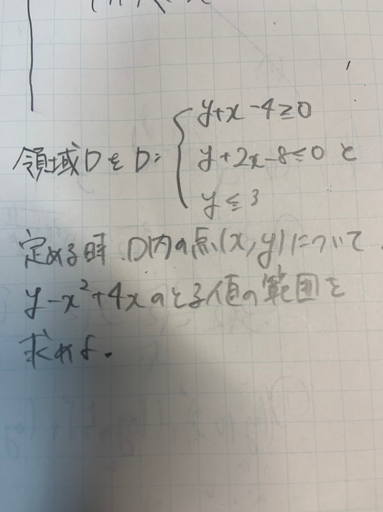 緊急 ベストアンサーさんにはチップつけます 高校数学の領域の問題です。 この問題、放物線の所まではわかったのですが、そこから進みません。解説回答お願いします。
