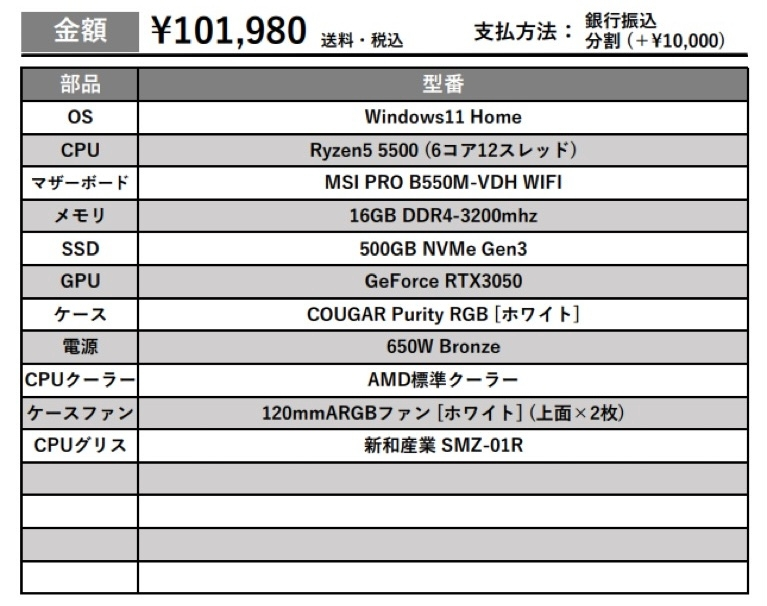 初めてゲーミングPCを買うため、見積もりを出してもらったのです 
