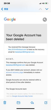 Googleアカウントを削除した後このようなメールが届きました。
英語なので意味がわかりません。
アカウントが削除されたというお知らせですか？ 