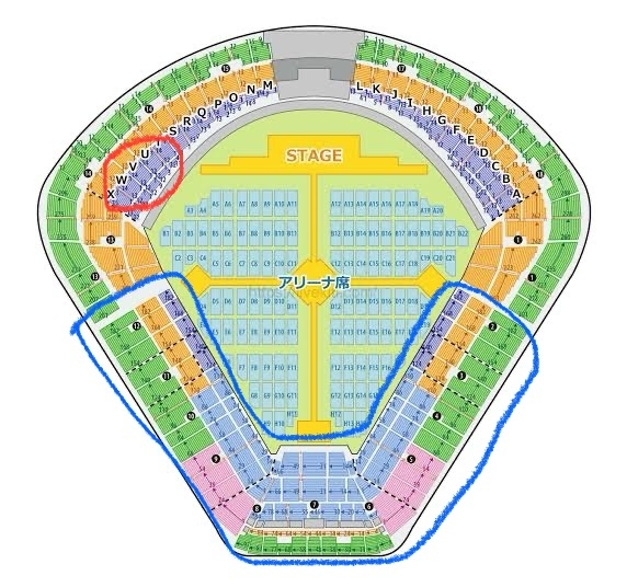 乃木坂のライブについて質問です。（画像あり） 一般の指定席で青で囲んだエリアが当たったことがある方はいますか？ 過去の一般では赤丸近辺しか当たったことがありません。