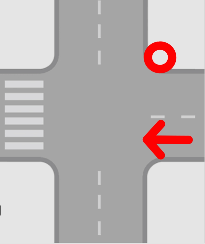 片側しか横断歩道がない道路で自転車や人が○の位置にいて横断しようとしているのですがこの場合車は止まる必要ありませんよね？ 信号はありません。