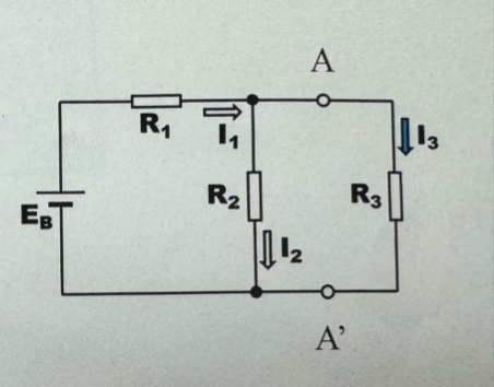【至急】 写真の回路のI3を求める問題で、 【分流則による導出】 抵抗R3を流れる電流 I3は抵抗R1を流れる電流I1,をI2,I3に分流した電流である。まず、電流I1を求める。電流I1，は電源電圧EBと回路合成抵抗R0から計算できる。 R0=〇〇・・・（1） I1=〇〇・・・（2） 電流I3は電流I1，を抵抗R2, R3によって分流している。 I3=〇〇・・・（3） 【テブナンの定理による電流 I3の導出】 回路図のA-A'点を基準に考える. A-A’点から左側を見た時の等価抵抗を計算する。等価抵抗を計算するとき、電圧源EB は短絡して考えれば良いので、等価抵抗R0は次式で計算できる。 R0=〇〇・・・（4） 等価電源 E0はA-A’点から右側を切り離した時のA-A'点間の電位差であるから分圧の計算式から求められる。 E0=〇〇・・・（5） 従って、電流I3はテブナンの定理から容易に計算できる。 I3=〇〇=(R2•EB/(R1+R2)) / (R1•R2/(R1+R2)+R3)=R2•EB/(R1R2 + R1R3 + R2R3)•••(6) １から６の〇〇に入る文字式を教えて下さい。 最終的にはI3はR2•EB/(R1R2 + R1R3 + R2R3)になります。