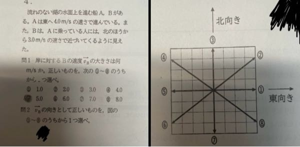 物理の問題です。写真の問1と問2の解き方を教えていただきたいです！！答えは問1が⑤で問2が⑧です。お願いします。