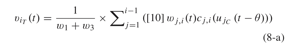 LaTeX初心者です。 写真のような数式をLaTeXで打ちたいのですが、エラーが出てしまって原因がわからないです。どこが間違っているか教えていただきたいです。 \begin{subequations} \label{equ_8-a} v_{i_T}(t)=\frac{1}{w_1+w_3} \times \sum_{j=1}^{i-1}([10]w_{j,i}(t)c_{j,i}(u_{j_C}(t-\theta))) \end{subequations}