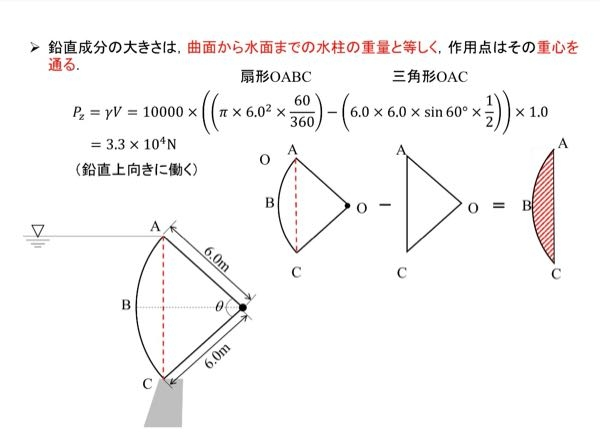 水理学の問題ですが，基本の三角形面積の計算がわかりません。底辺X高さ/2ですよね，なぜsin60をかけてるのでしょうか？？三角形OACです。