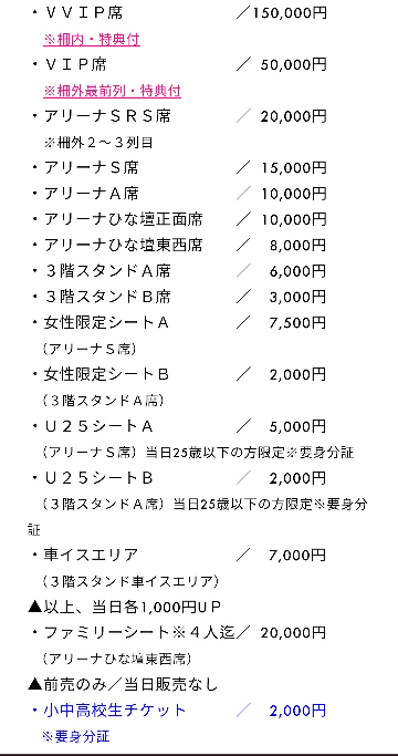 スターダムの女子プロレスを見ようと思います。小中高生チケットは当日券のみとのことですが、開場が2:30の場合いつ現地に付けばゲット出来そうですか？ また、座席はどの辺になりそうか画像を参考に予想してください。(東京・武蔵野の森総合スポーツプラザ メインアリーナ) 当日券の確保がめんどくさいor良い席ではなさそうな場合U25シートで入ることも検討しています。 有識者の方教えてくださーい！