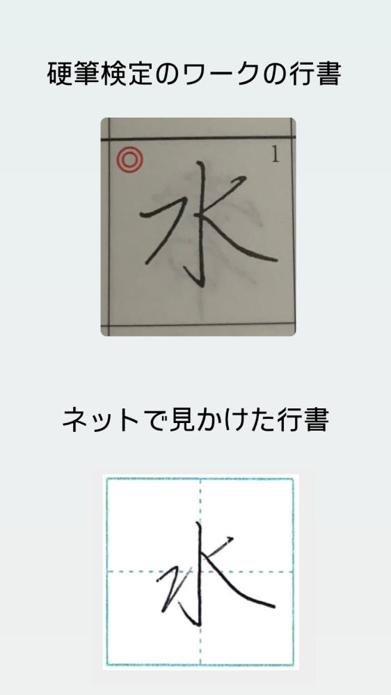 今硬筆検定3級の勉強をしています 行書についてなのですが、書き方はそんな厳密には決まっていないのでしょうか？ 例えば水という字は、下の写真のようにワークに記載されていた書き方とネットで見かけた書き方が違うと思うのですが(特に2画目)、別にどちらでもいいのでしょうか？