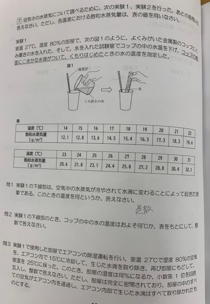 中学の宿題で、問3の問題です。中学理科の湿度の問題ですが、答えは50%になります。何故ですか？