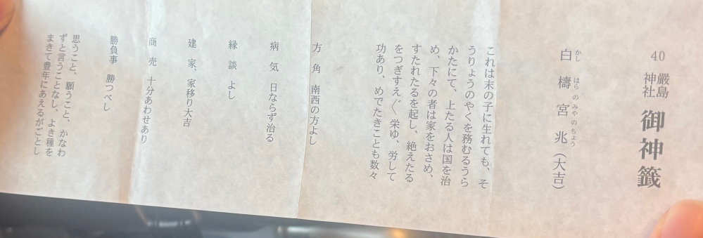 おみくじについて詳しい方教えてください!! 厳島神社で引いたおみくじが大吉だったのですが、待ち人の欄がありません。 他の人は、あったのですが… これはミスなのでしょうか？ それとも不快意味がありますか？