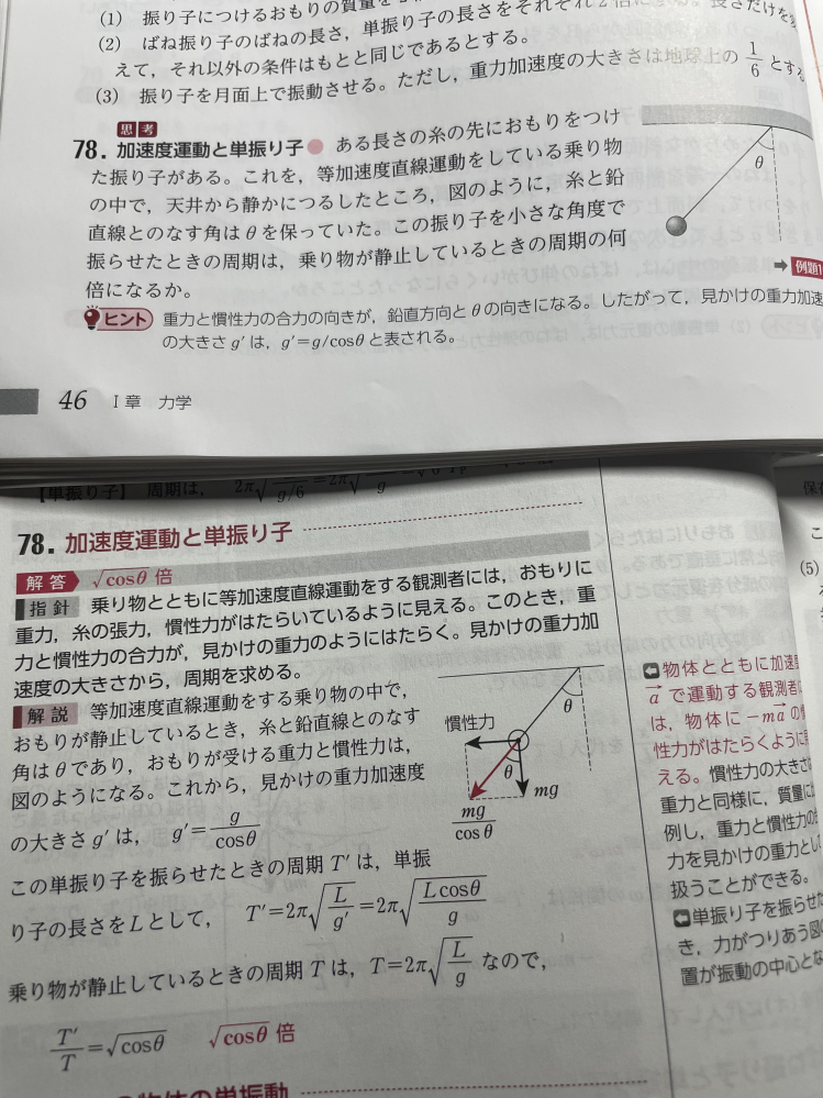 見かけの重力加速度がどうしてg’=g/cosθになるのですか？