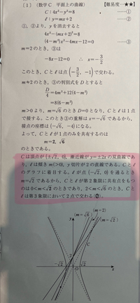 数Ｃ 平面上の曲線です。
この写真のマーカー内はグラフの形状はわかるのですが、どういう考えで(‪-√‬2,0)を通るとき〜となるのでしょうか、。 また第３象限で2点で交わるのところもなぜこう考えるのかいまいちわかりません、。

教えてください！よろしくお願いします。