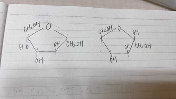 高校化学の質問です。 フルクトースの五員環は、左の書き方でも良いのでしょうか。教科書には右の五員環が書いており覚えていたのですが、 スクロース(αグルコース＋βフルクトース)は還元性を示さない理由を述べよという問題で、左の書き方のフルクトースを見ました。 左の書き方は初見だったため、混乱しています。 2つともフルクトースの五員環になるのでしょうか？ ちなみに、フルクトースの五員環がβフルクトースという考え方は合っていますか？