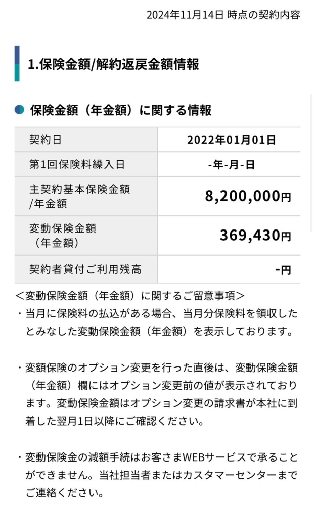 ソニー生命の変額保険について教えてください。 知り合いの入っている保険について聞かれたのですがわからないので、、 払込は100万円一括払いをおこない、それっきりです。 その後は毎月払いとかはありません。 個人サイトを見ると、添付の画像のような数字になっています。 この変動保険金額（年金額）とは、 増えた分という認識で良いのでしょうか？ いま解約すれば369,430円プラスになり、 1,369,430円になるのでしょうか？ よろしくお願いします。