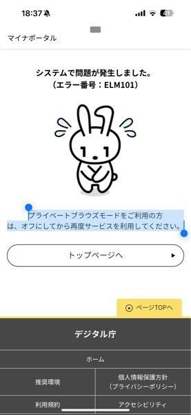 マイナポータルでパスポート申請をしようとしてるのですが最後まで必要事項入力してマイナンバー読み取りをすると最後の最後でこれが出てきます。 Safariもシークレットモードにしてないのにこんなんなります誰か助けてください