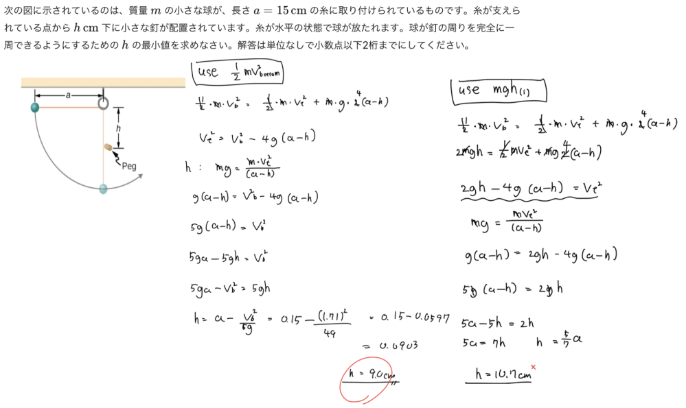 この問題をはじめは正解したのですが、試しに運動エネルギー保存の式にmgh_initial を使って解いてみたら、異なる値が出てきました。 mgh_initial = 1/2 mv_bottom^2の式が成り立つはずなのに、なぜmgh_initial = mg2(h-a) + 1/2,v_top^2が成り立たないのでしょうか？ 確かに、ペグにあたった瞬間から違う運動となると言われれば納得できなくもないのですが、何か運動が変わったとわかる明確な基準はないのでしょうか？（最初からペグがあって動いていない場合初期位置から最終位置までは１つの運動の一環だと考えてしまいます）。外力が加わったなど明らかな要因がない限り納得できなくて、混乱しています