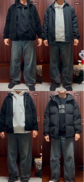 至急です。夜のディズニーに行くのですがどの服装がいいですかね？？気温は10℃前後の予想です。ちなみに右上の場合、上着は右下か左上です