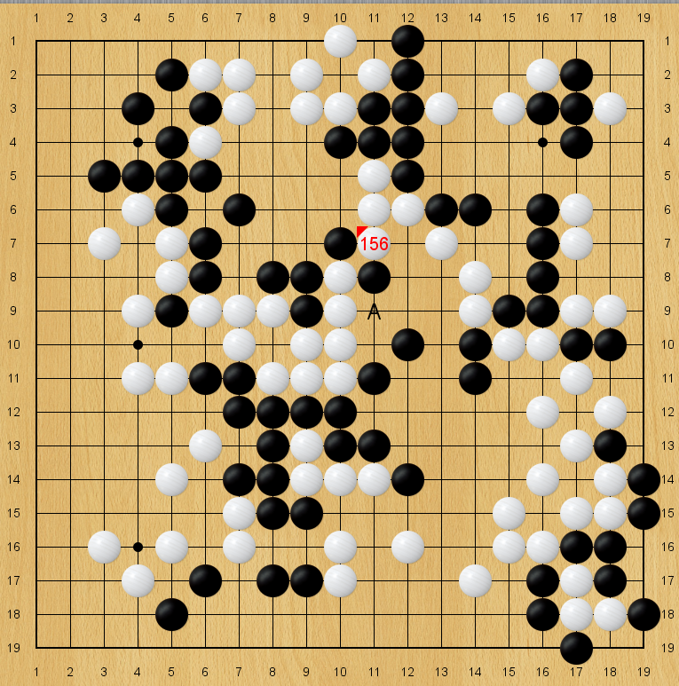 先日のNHK杯の対局から。 図の局面で黒はA（11-9）と打ちましたが、黒の評価値がガクッと落ちました。 解説の清成九段も驚いていましたが、この理由が分かる人がいたら教えて下さい。