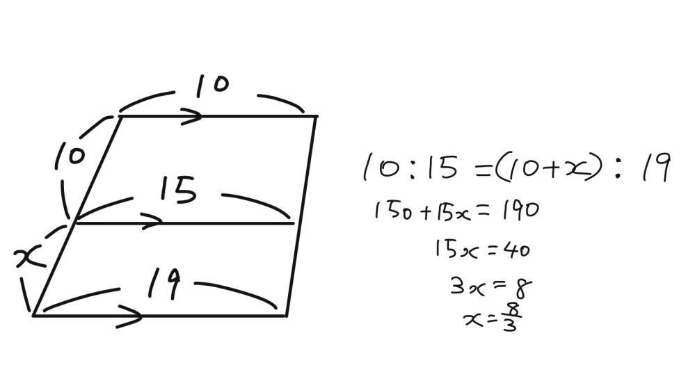 左のの図のxの求め方を教えてください！ 右は自分が解いたものなのですが、答えが間違っていました。でもどこが間違ってるのかわかりません。 答えは、 5:4=10:x 5x=40 x=8 と書いてあったのですが、 どこから5や4が出てきたのかわかりません。 教えてください！！