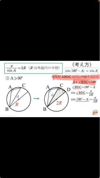 正弦定理の証明なのですが、赤マーカーの部分が理解できません。教えてください。