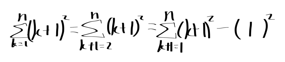 数学のシグマについて質問です。 もちろん因数分解して個別に公式を使えばいいのはわかっていますが、 (k＋1)²に対してΣの公式をそのまま使う場合、k＋1=2からの和として考えて後からk+1=1の場合を引いて公式を使うような使い方ってあっていますか。 (k+1)²以外の場合でも同じようにできるか知りたいです 回答よろしくお願いします