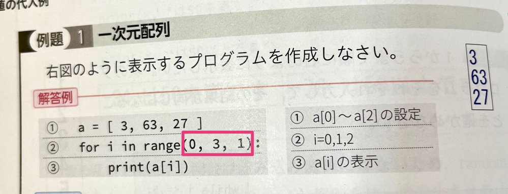 プログラミングの問題です。 画像にあるようにペンで囲ってあるとこが分かりません。なんでこの数字が出てくるんですか？ わかる方がいたら教えて貰えるってありがたいですm(_ _)m