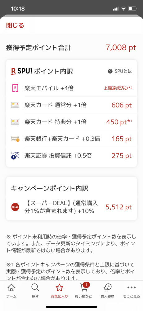 楽天お買い物マラソンのポイント仕組みについて教えてください。 ●お買い物マラソンで付与されるポイントは期間限定とあります。 ポイントが倍を狙うより、ポイントに期限がない方が勝手が良いのでは？？と感じました。極端な話、上限ポイント分を期限内に使う予定がないくらいなら、大したポイントにもならないし、マラソンに乗る必要ってないと思いますか？ ●添付画像についても教えてください マラソンの付与上限7,000ポイントの時、 ・画像のスーパーDEALは関係ない ・spuポイント内訳の上限が7,000であり、画像の場合は1496ポイントなので、残り5504ポイントが買い物次第で付与される、という理解で間違っていませんか？ ●楽天モバイルの＋4倍はなぜ上限達成済みと表記され適用されないのでしょうか？ （自分のポイント数が7.8倍と表記されているときに、60000円ほどの買い物をして、その後、4倍がなくなりました。その画像になります）