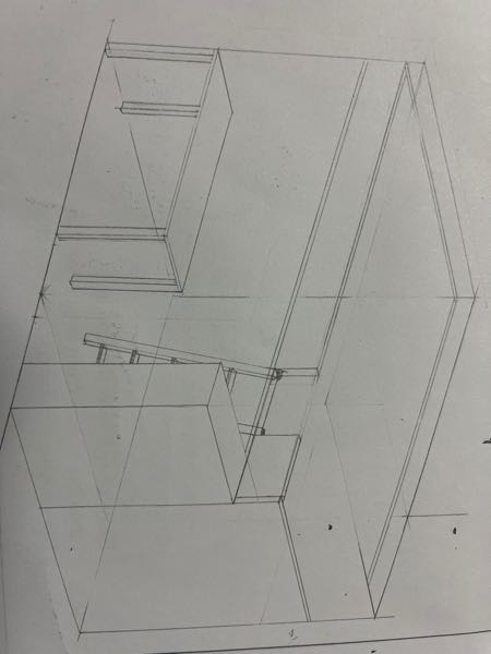 大至急 建築やインテリア詳しい方、わかる方回答お願いします 部屋を書く課題があってロフトベッドをかきたかったのですが、この書き方でかいたところ ベッドのハシゴの反対側部屋のサイズとかと合ってませんよね？ ハシゴ側は本棚の分細くなっているのに反対は壁一面ロフトベッドになってしまってどう治したらいいでしょう 机の高さは間違えたので直します( ᵕ ᵕ̩̩ )