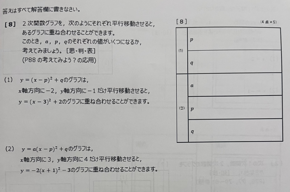 二次関数グラフを、次のようにそれぞれ平行移動させると、あるグラフに重ね合わせることができます。 このとき、a・p・qのそれぞれの値がいくつにあるか。 という問題です。 回答を教えて頂きたいです。