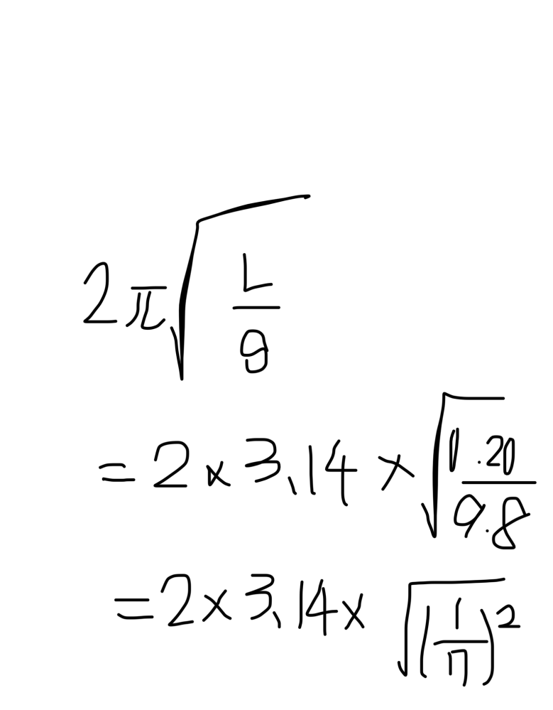 物理です。 画像の、2行目から3行目の計算のやり方を教えて欲しいです。 √0.20/9.8. —> √(1/7)* になる部分です。