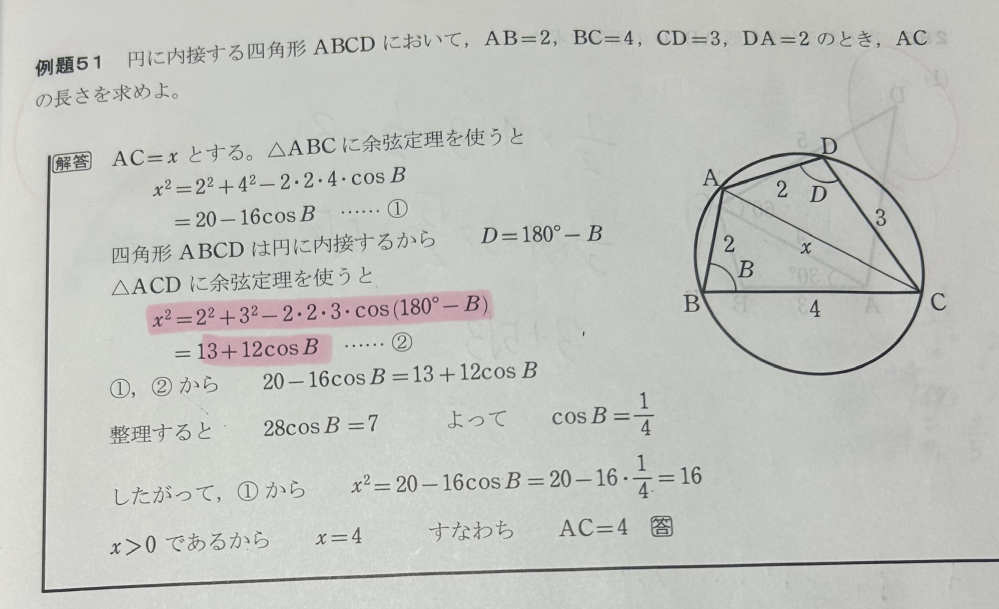 数1図形の問題です。お時間ある方教えて下さい。 下の写真でマーカーを引いた解説の部分についてです。cos180°の部分はどこにいっちゃったんでしょうか。