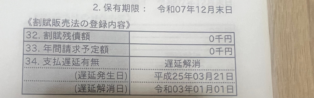 CIC について質問です。 保有期限「令和７年12月末日」がきたら情報が消えるのか？ 遅延解消日から「令和03年01月01日」5年で情報が削除されるのかどちらなんでしょうか