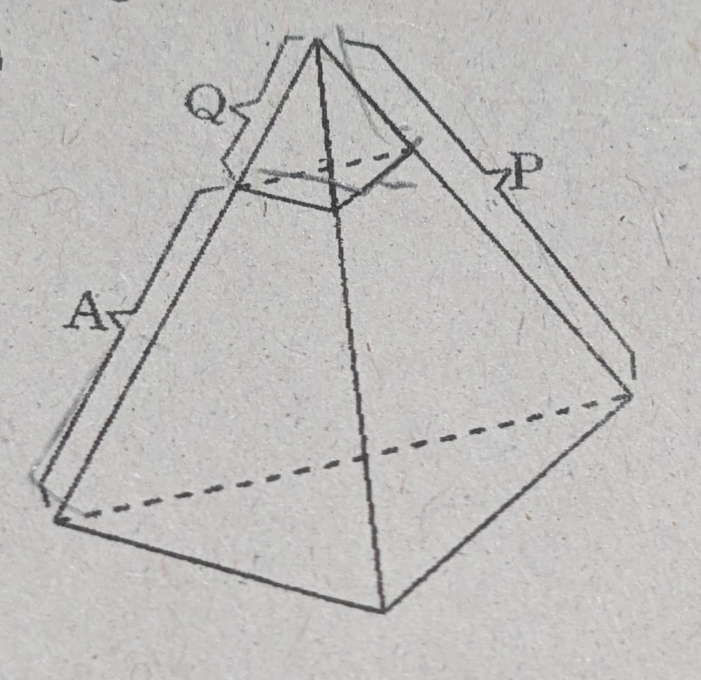 この問題を教えて欲しいです 図のように、正三角錐Pを底面に平行な平面で切り、正三角錐Qと、PからQを取り除いた立体Aに分ける。 正三角錐Qの高さが正三角錐Pの高さの3分の1である。 問. Aの体積が52㎤のとき、Pの体積は