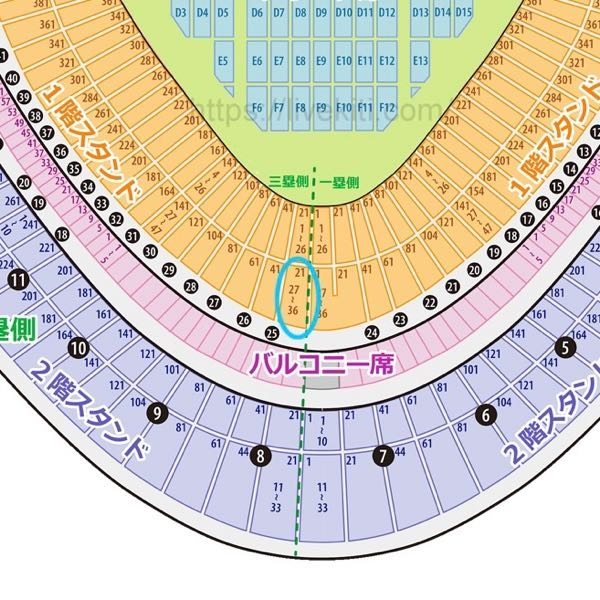 東京ドームの座席の見方についてです。 3塁側1階 22ゲート30列目 26通路62番 はこの丸で囲ってあるとこらへんで合ってますか？