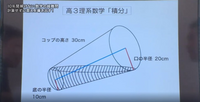 探偵ナイトスクープに出た問題です。これを積分で解く方法を教えてください。

とりあえず図の水の溜まっている部分を縦に切った円形の下の水の溜まっている部分の断面積を求める式は出せました。 それを コップの長さL の方向をx 半径の方向をyとして、長さのⅬxの関数として式にすることも出来ましたが、式が複雑すぎてとても長さ方向に積分できるような計算式になりませんでした。

誰か積分で答えを...