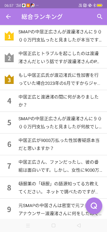 総合ランキングTOP10のうち、9件が中居さん関連の質問ですね。 皆さん、中居さんが好きなんですかね？