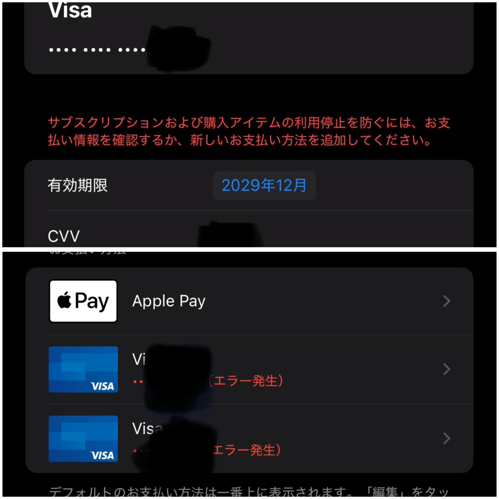 iPhoneの「支払いと配送先」に登録済みのクレジットカードの有効期限を更新しようとしたら エラーが発生し、更新ができません。 更新が無理ならばと、一回削除して新たに登録するべく 別のカードを登録したところ そちらもエラーになってしまいました。 iPhoneの再起動なども試しましたが改善されません。 無料のアプリのインストールもできず困ってます。 何が原因なのでしょうか？ 改善策はありますか？ とても困ってます。よろしくお願い致します。