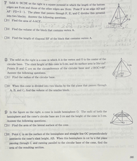 至急
中2数学幾何の問題です
答えと解き方を解説していただきたいです
英語なのですが、和訳すると(下手だったらすみません) 7. 四角錐A-BCDEは、底の四角の角の一片の長さは8cmであり、周りの三角の一片の長さは16cmである。点Fは辺AD上にあり、AF:FD=3:1. 点F,E,Cを通過する平面は、この四角錐を二つの固体に分ける。
(1)△ACEの面積を求めよ
(2)頂点Aを...