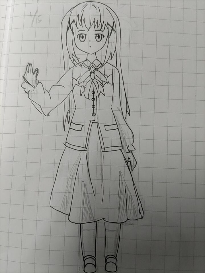 中3女 イラスト初心者です ごちうさのチノちゃんを描きました 添削やアドバイスなどほしいです！！ 顔の違和感の原因、手の描き方、靴の描き方を重点的に教えて欲しいです