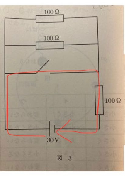 この電気回路で、スイッチを閉じたら赤線のところにしか電流が流れなくなるのはなぜですか？ なぜ上2つの抵抗には流れないんですか？