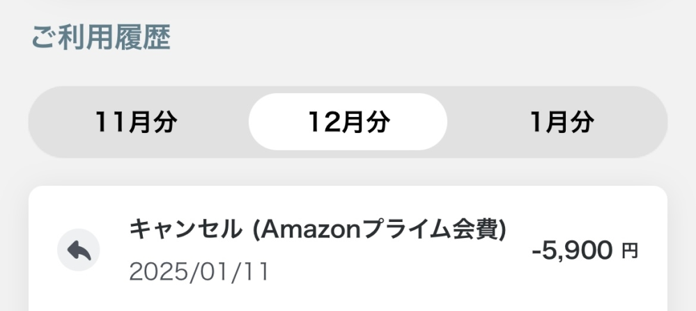 Amazonプライム会員のペイディ返金について プライム会員で年払いにしていましたが1/11に解約し、ペイディを見ると返金（キャンセル）はされていましたが１２月利用分の支払いの所から、他の商品も購入し５万ほどあった支払いがプライム会員分の金額分引かれていました。 ですが、１月利用分のところを見るとプライム会員の支払いが加算された金額になってしまってるのですがこれは払わなくてはいけないのでしょうか？