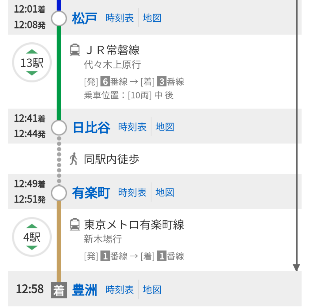 常磐線の乗り換えについての質問です 常磐線の日比谷駅から有楽町駅の有楽町線に乗り換えます。 この際の「同駅内徒歩」というのはどういったものですか?