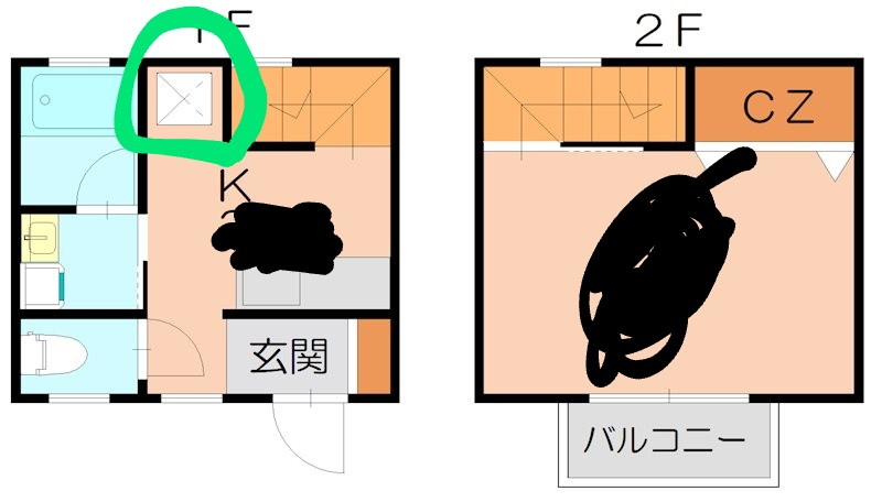 間取り図の見方を教えて欲しいです 初めての一人暮らし、賃貸で無知で 申し訳ありません。 画像の緑色の丸している部分は 何でしょうか？ まだ住んでいる方がおり内見は 不可能な状態です。 ※契約して私が住む、引っ越すまで