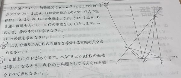 高校入試の過去問です。 この問題の(2)と(3)が解説を見てもわかりません。 教えていただきたいです、！ (2)の答えはy＝1/2x＋3 (3)の答えはー3、11です、！