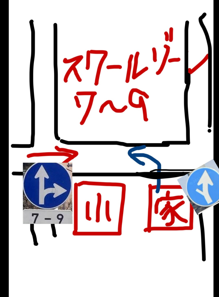 交通ルールについて質問です。 小学校の横に引っ越してきました。 家の前が時間帯でスクールゾーンになり、一方通行になります。 この場合青矢印方向に進む事は出来ないのでしょうか？？ 絵心無くてすいません。