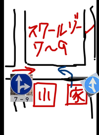 交通ルールについて質問です。
 小学校の横に引っ越してきました。
 家の前が時間帯でスクールゾーンになり、一方通行になります。
 この場合青矢印方向に進む事は出来ないのでしょうか？？ 絵心無くてすいません。