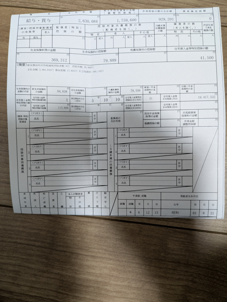 住宅ローン控除についてです。 住宅ローンを借りて2年目の去年10年勤めた会社を9月末退職し新しく11月から就職した会社を12月途中に退職をしました。 そこの締め日が25日締めの翌10日払いで、今月10日給料が入り本日明細と源泉徴収が届きました。 住宅ローン控除の紙も提出していたのですが、返ってきてないため控除手続きもしてくれたのかと思っているのですが、どうなのでしょうか… 画像は源泉徴収なのですが、控除の額とあります。 この分は自分で確定申告しないと返ってこないのでしょうか？ それともその控除額は市県民税等にあてられるのでしょうか？ 無知なためお願いします。